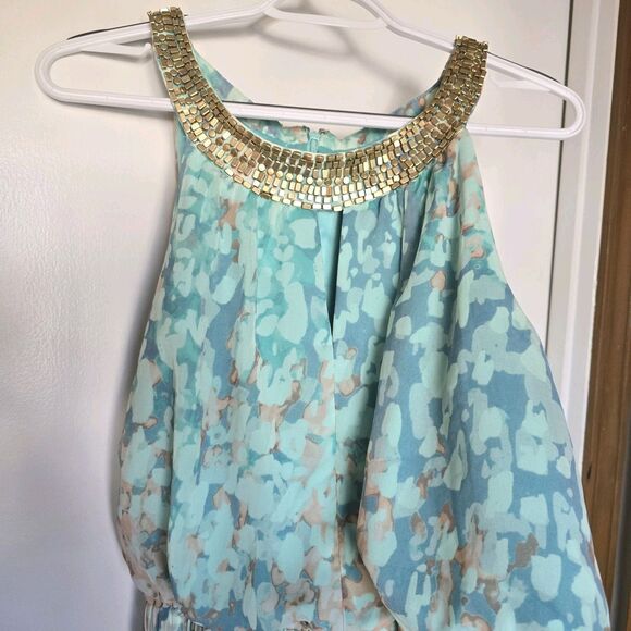 Vince Camuto Blue Printed Watercolor Chiffon Halter Top Gold Beads Maxi Dress 12 - Picture 1 of 10